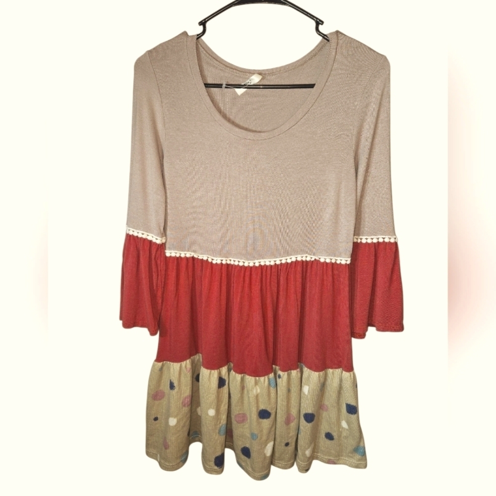 Colorful Tiered Dress with Polka Dots & Bell Sleeves, Medium